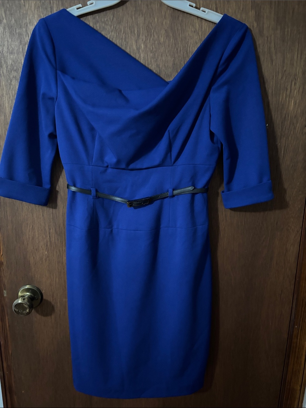 Black Halo Royal Blue Cowl-Neck Midi Dress with Black Belt
